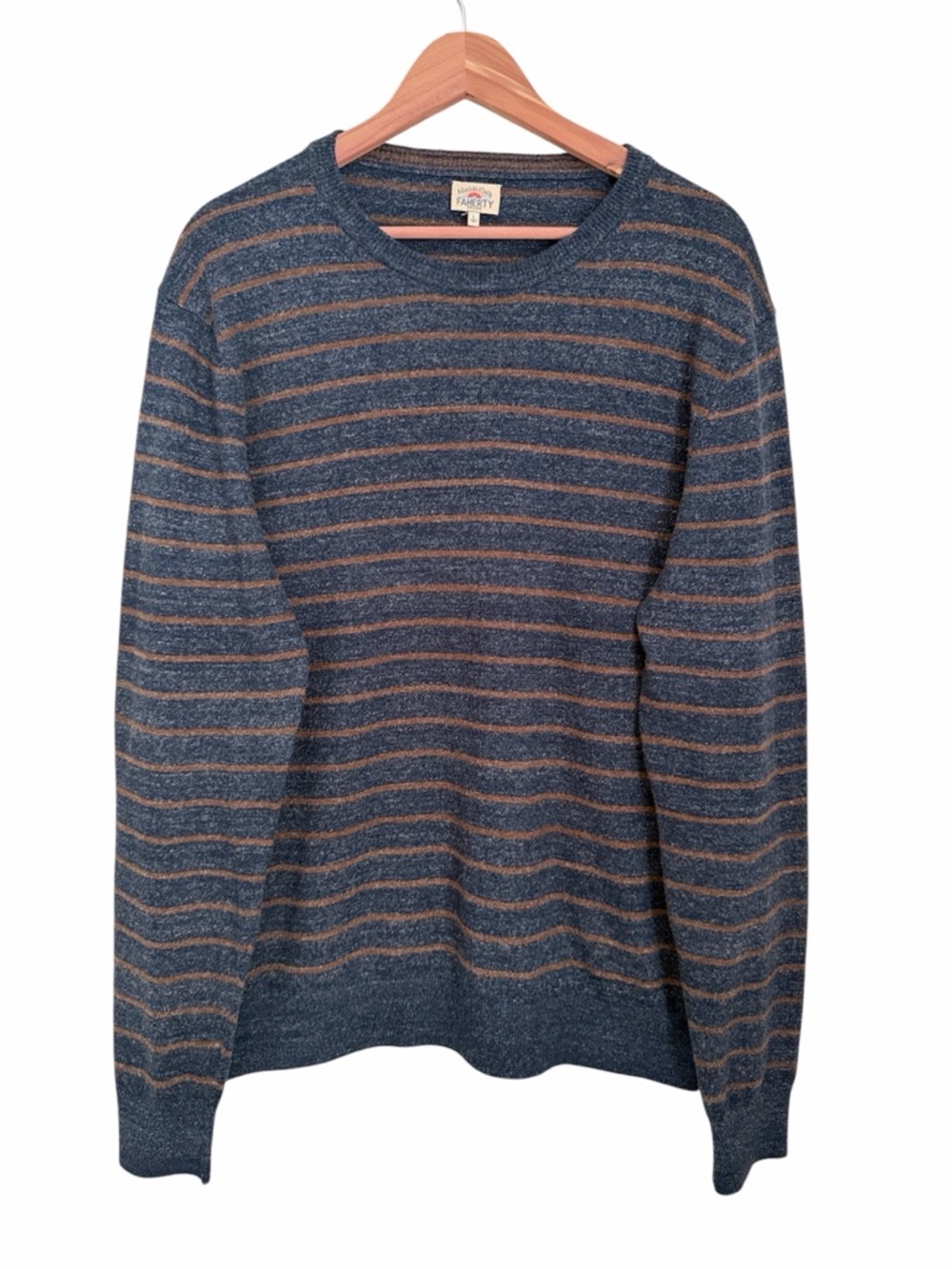 Faherty Brand Men’s Blue Brown Striped Crewneck Sweater Size L 100% Cotton